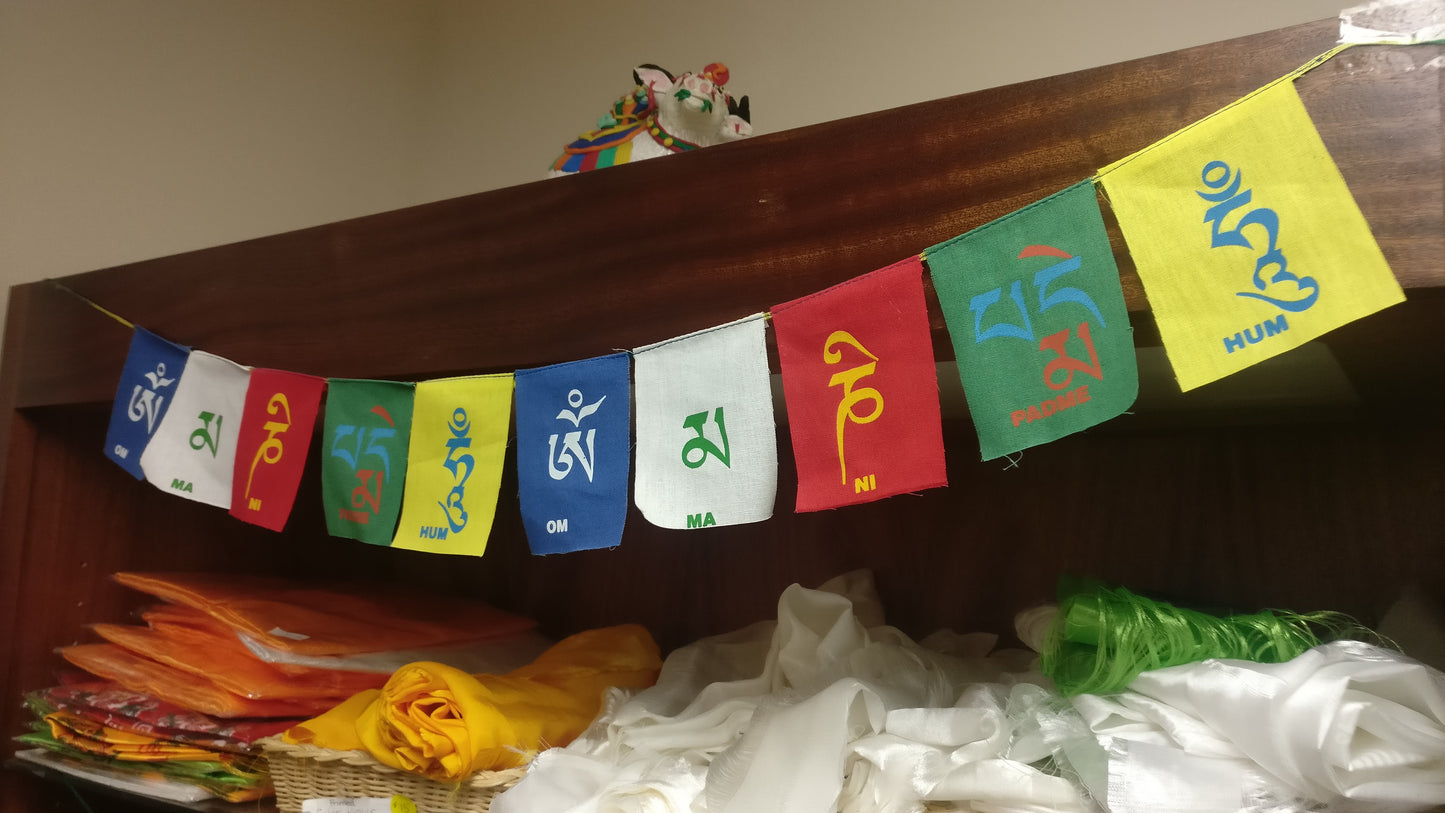 Large Buddha of Compassion Tibetan Prayer Flags Om Mani Padme Hum Set of 10
